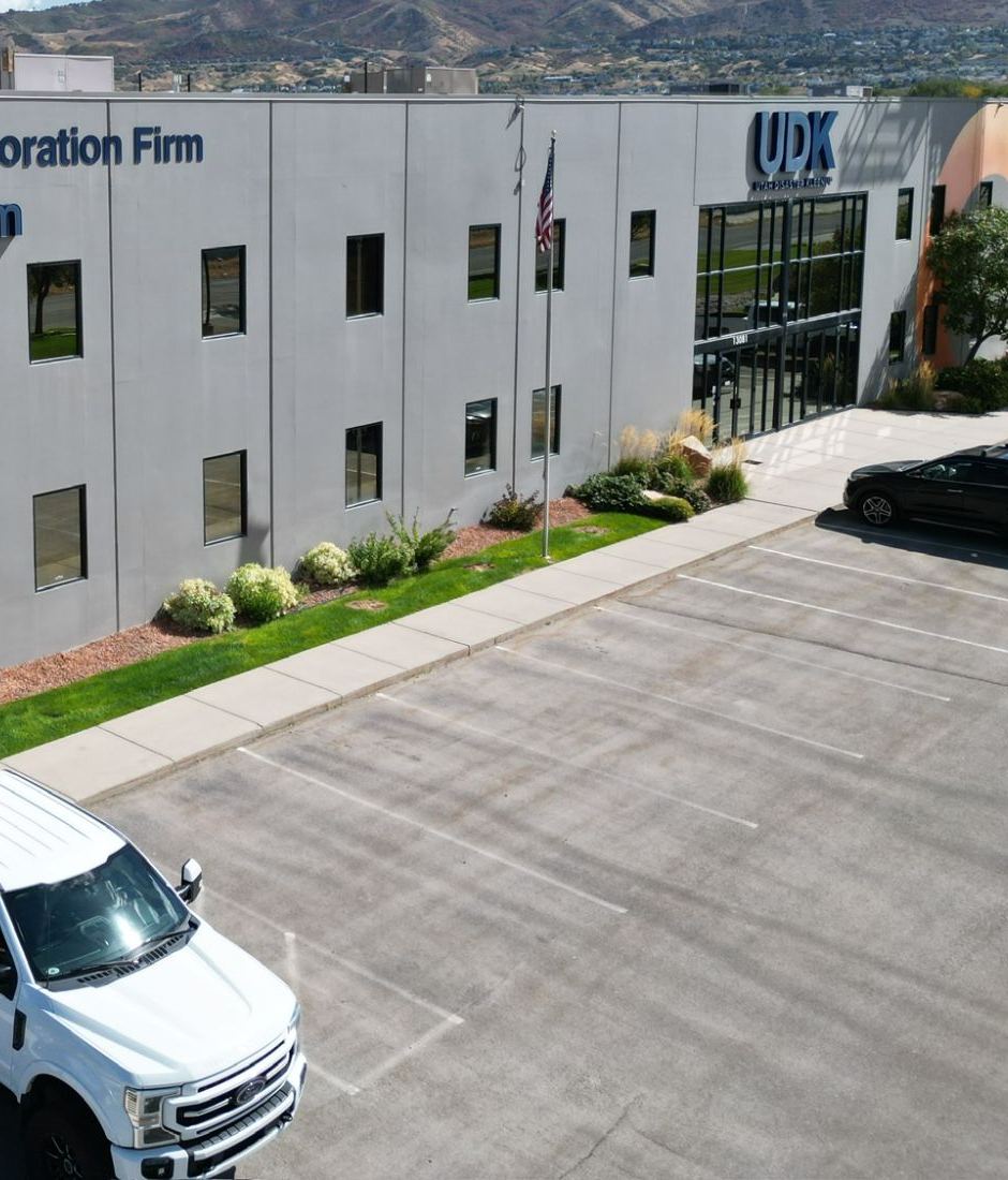 Front entrance of a two-story single-tenant office and warehouse building